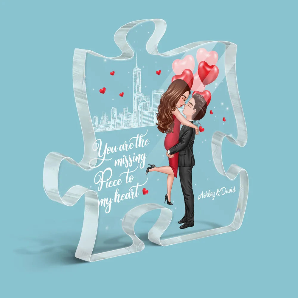 Personalized Puzzle Acrylic Block Plaque Hugging Couple With Hearts Romantic City Scene Unique Gift For Him Or Her