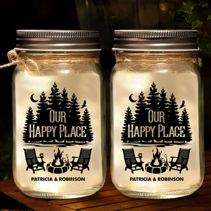 Our Happy Place Glass Mason Jar Light, Personalized Campfire Keepsake, Creative Gift for Couples