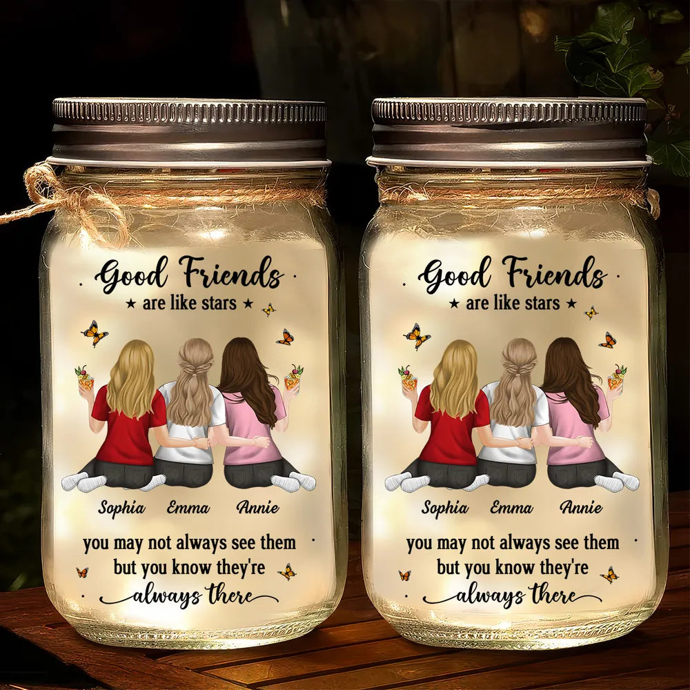 Good Friends Are Like Stars Personalized Glass Mason Jar Light, Golden Arm in Arm Illustration, Creative Gift for Best Friend