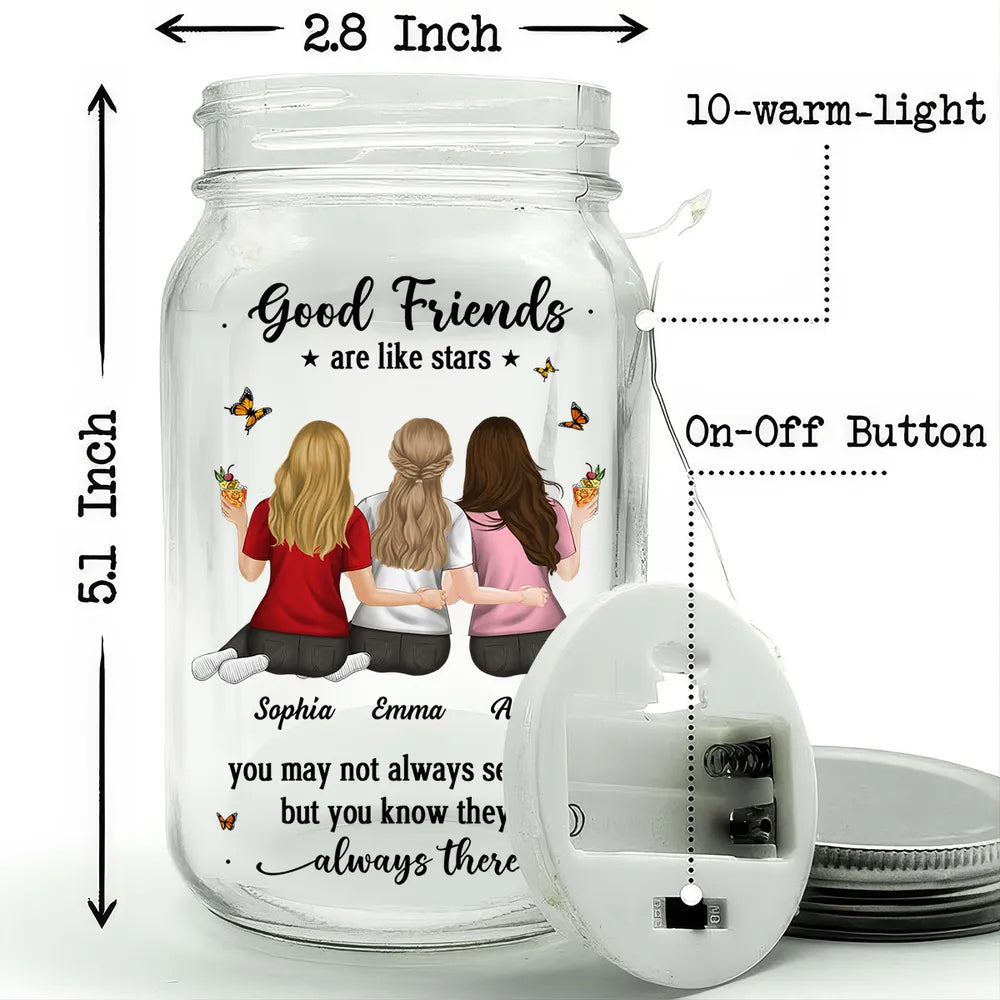 Good Friends Are Like Stars Personalized Glass Mason Jar Light, Golden Arm in Arm Illustration, Creative Gift for Best Friend