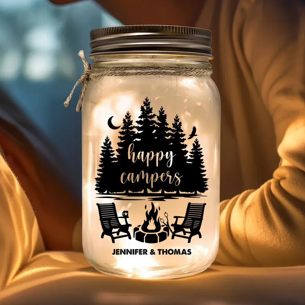 Our Happy Place Glass Mason Jar Light, Personalized Campfire Keepsake, Creative Gift for Couples