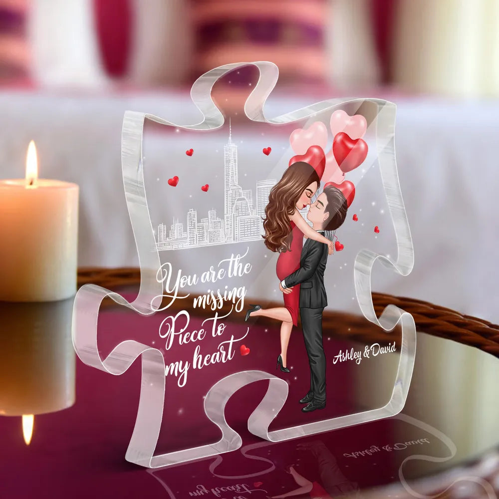 Personalized Puzzle Acrylic Block Plaque Hugging Couple With Hearts Romantic City Scene Unique Gift For Him Or Her