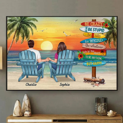 Personalized Beach Sunset Couple Poster, Holding Hands in Adirondack Chairs, Life is Too Short But Happy, Unique Gift