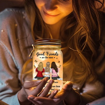Good Friends Are Like Stars Personalized Glass Mason Jar Light, Golden Arm in Arm Illustration, Creative Gift for Best Friend