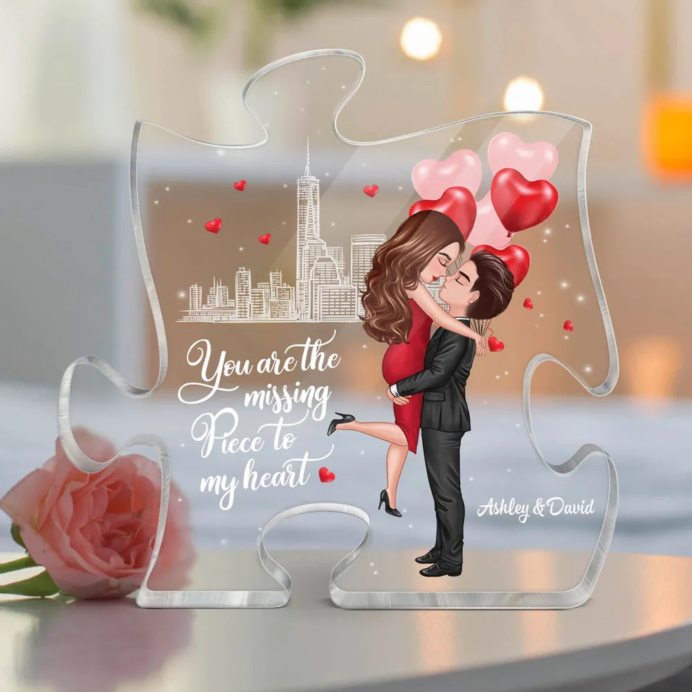 Personalized Puzzle Acrylic Block Plaque Hugging Couple With Hearts Romantic City Scene Unique Gift For Him Or Her