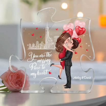Personalized Puzzle Acrylic Block Plaque Hugging Couple With Hearts Romantic City Scene Unique Gift For Him Or Her