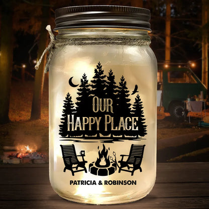 Our Happy Place Glass Mason Jar Light, Personalized Campfire Keepsake, Creative Gift for Couples