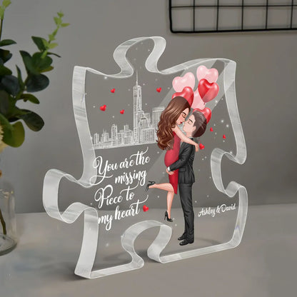 Personalized Puzzle Acrylic Block Plaque Hugging Couple With Hearts Romantic City Scene Unique Gift For Him Or Her