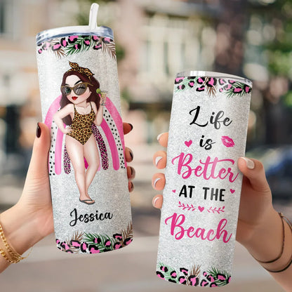 Personalized Straight-Sided Cup, Beach Girl Illustration, Life Is Better at the Beach, Unique Gift for Women