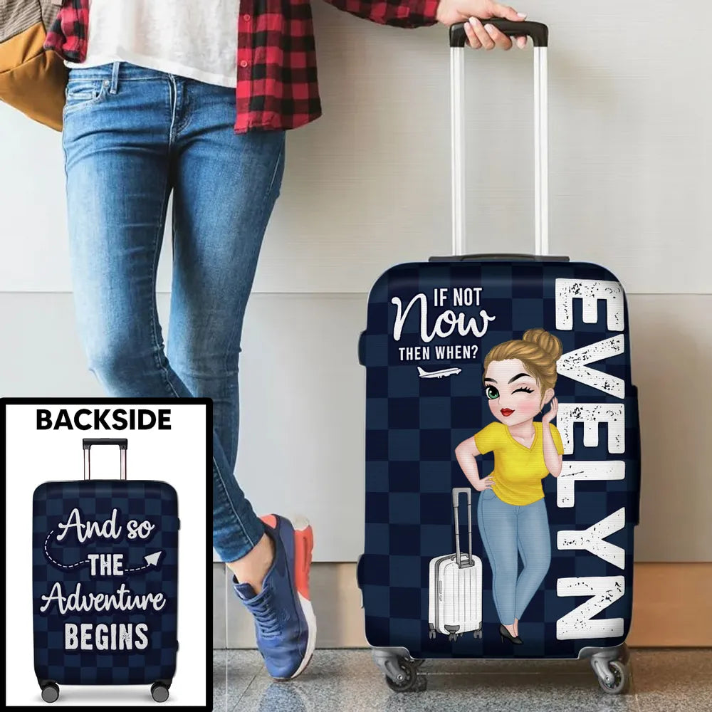 Personalized Luggage Cover with Standing Travel Girl, Purple Design, Unique Gift for Women Travelers