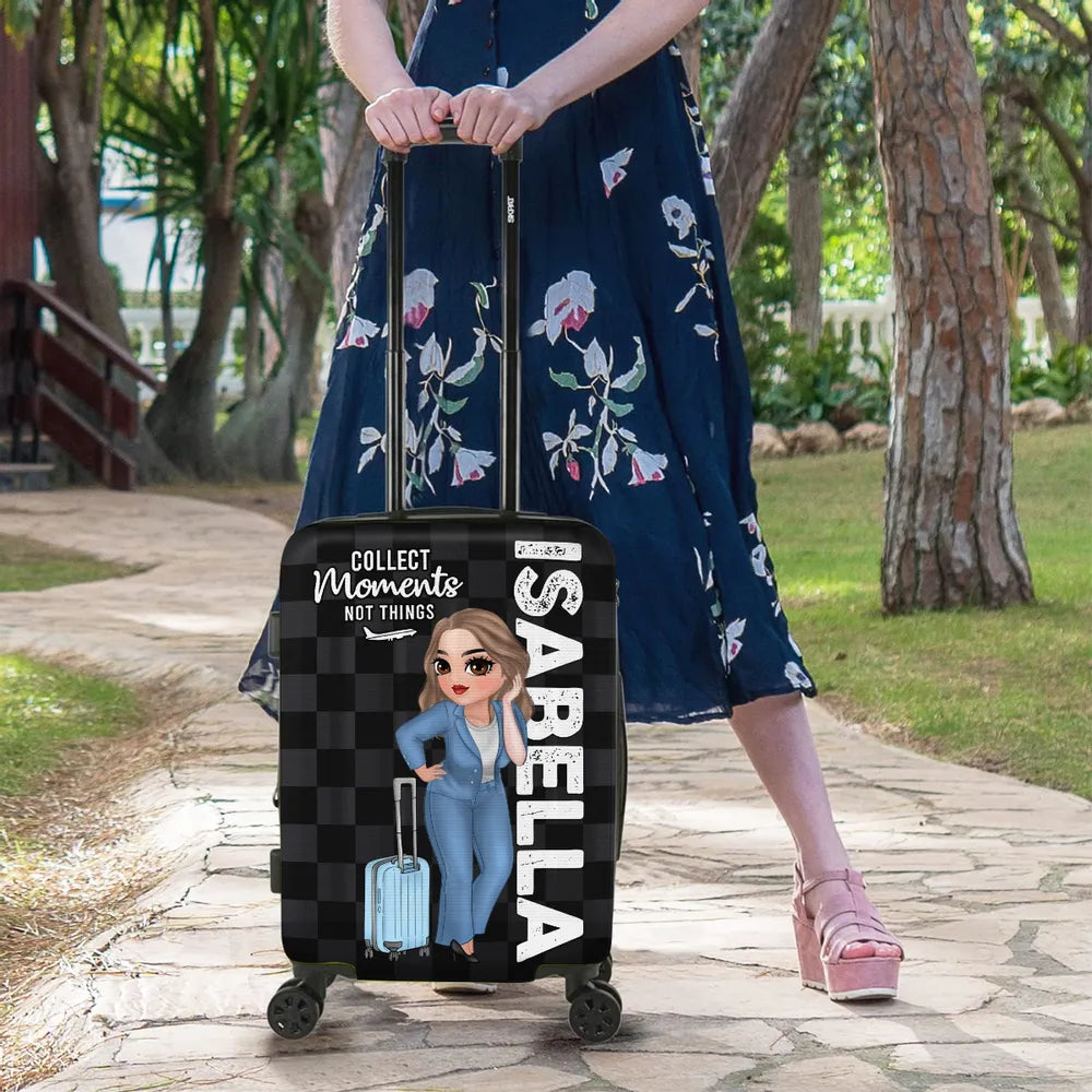 Personalized Luggage Cover with Standing Travel Girl, Purple Design, Unique Gift for Women Travelers