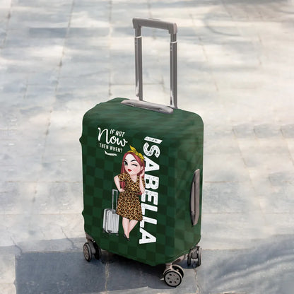 Personalized Luggage Cover with Standing Travel Girl, Purple Design, Unique Gift for Women Travelers