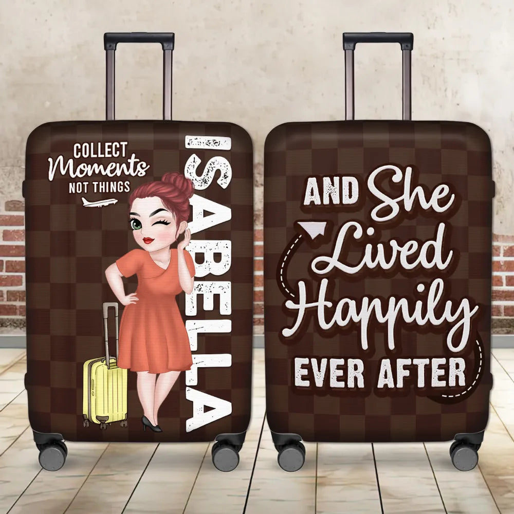 Personalized Luggage Cover with Standing Travel Girl, Purple Design, Unique Gift for Women Travelers