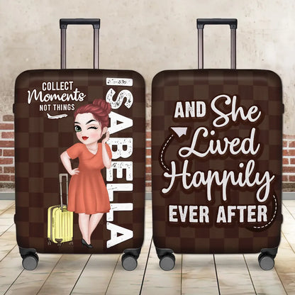 Personalized Luggage Cover with Standing Travel Girl, Purple Design, Unique Gift for Women Travelers