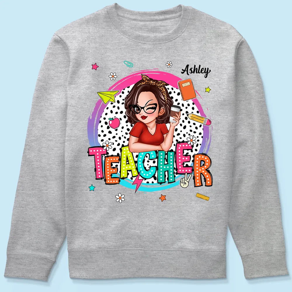 Personalized Classic Tee, Cartoon Teacher With Apple & Pencil, Unique Teacher Gift for Back to School