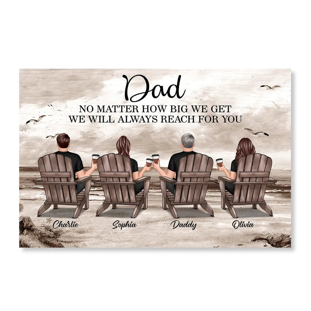 Personalized Dad Poster, Seated Family Beach Scene, Unique Gift For Dad With Vintage Coastal Warmth
