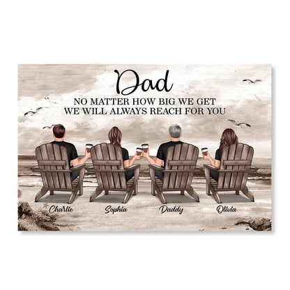 Personalized Dad Poster, Seated Family Beach Scene, Unique Gift For Dad With Vintage Coastal Warmth