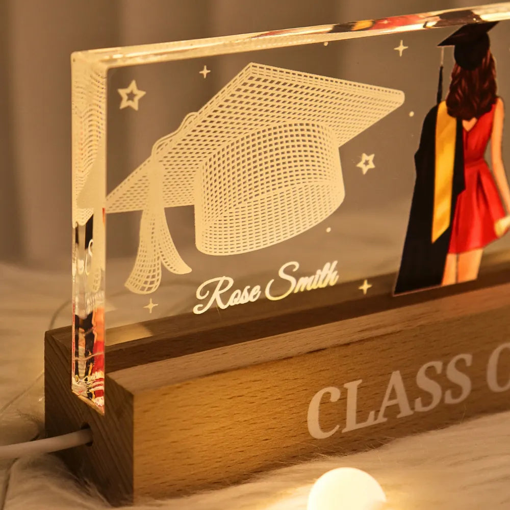 Personalized Graduation Block LED Light Plaque, cap & gown silhouette ...