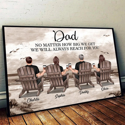 Personalized Dad Poster, Seated Family Beach Scene, Unique Gift For Dad With Vintage Coastal Warmth