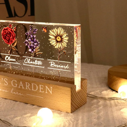 Personalized Block LED Light Plaque, Grandma's Garden Birth Month Flowers, Unique Gift for Grandma