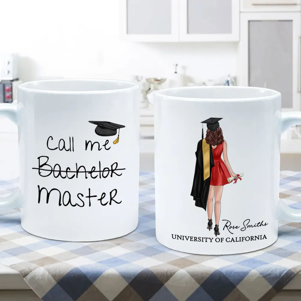 Personalized Ceramic Mug, Call Me Master Graduate in Red Dress, Unique Graduation Gift for Her