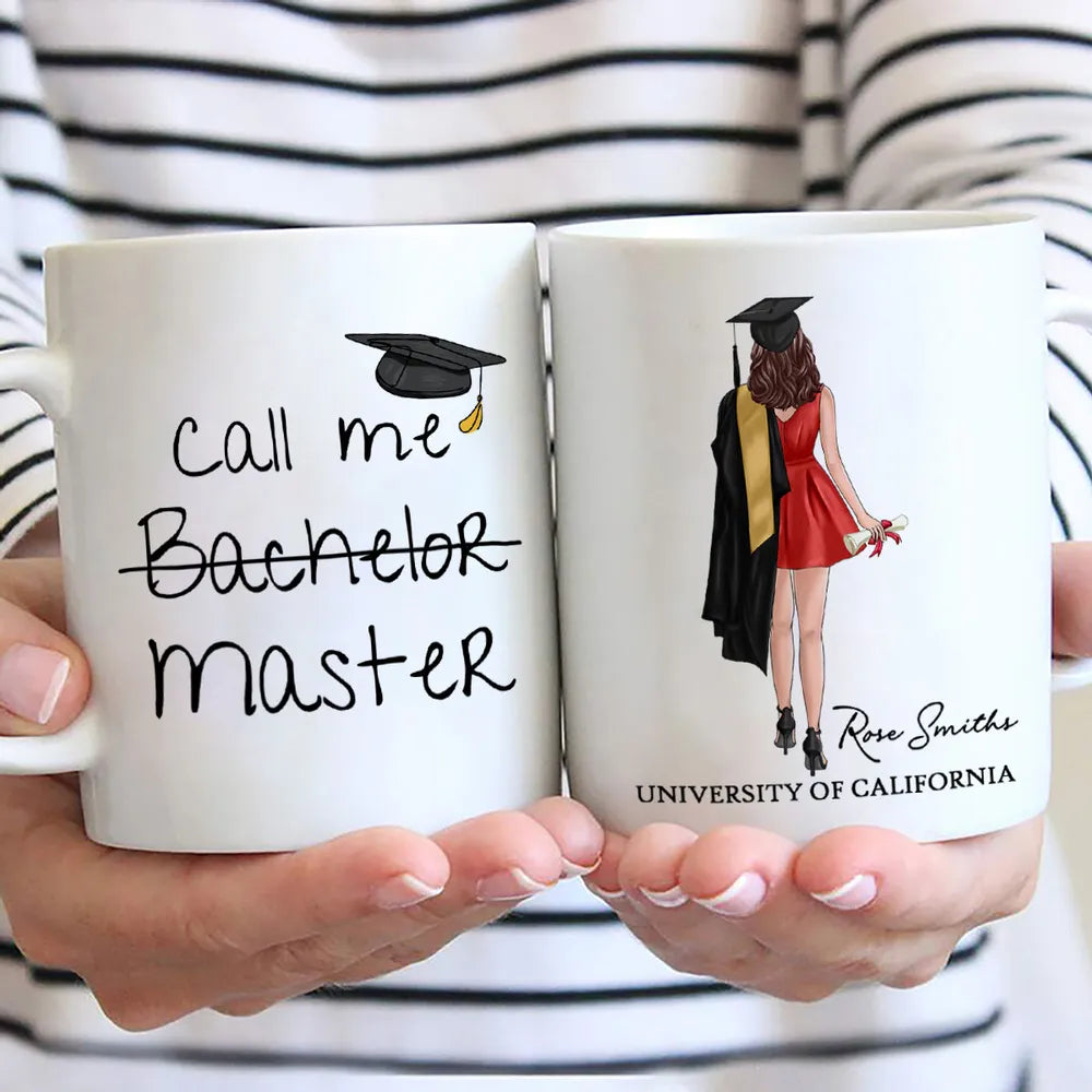 Personalized Ceramic Mug, Call Me Master Graduate in Red Dress, Unique Graduation Gift for Her