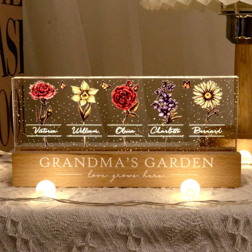 Personalized Block LED Light Plaque, Grandma's Garden Birth Month Flowers, Unique Gift for Grandma