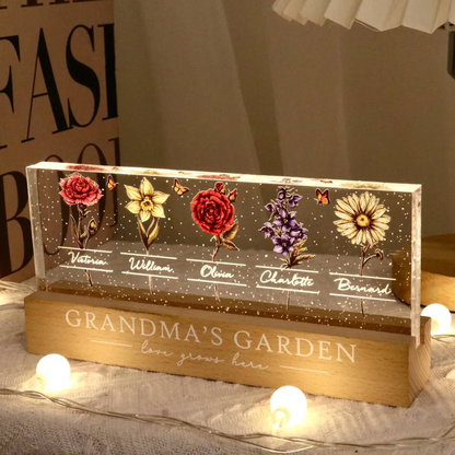 Personalized Block LED Light Plaque, Grandma's Garden Birth Month Flowers, Unique Gift for Grandma