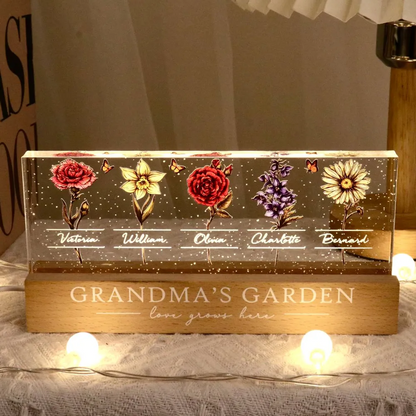 Personalized Block LED Light Plaque, Grandma's Garden Birth Month Flowers, Unique Gift for Grandma