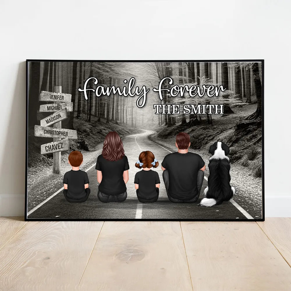 Poster with Family Forever Forest Scene and Back View Illustration, Refined Texture, Perfect Keepsake Gift