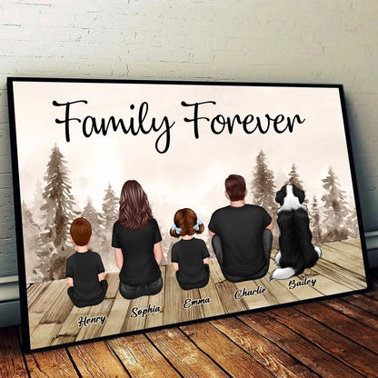 Custom Family Poster, Cozy Woodland Scene with Back View Parents Kids and Pet, Heartfelt Home Decor Unique Gift
