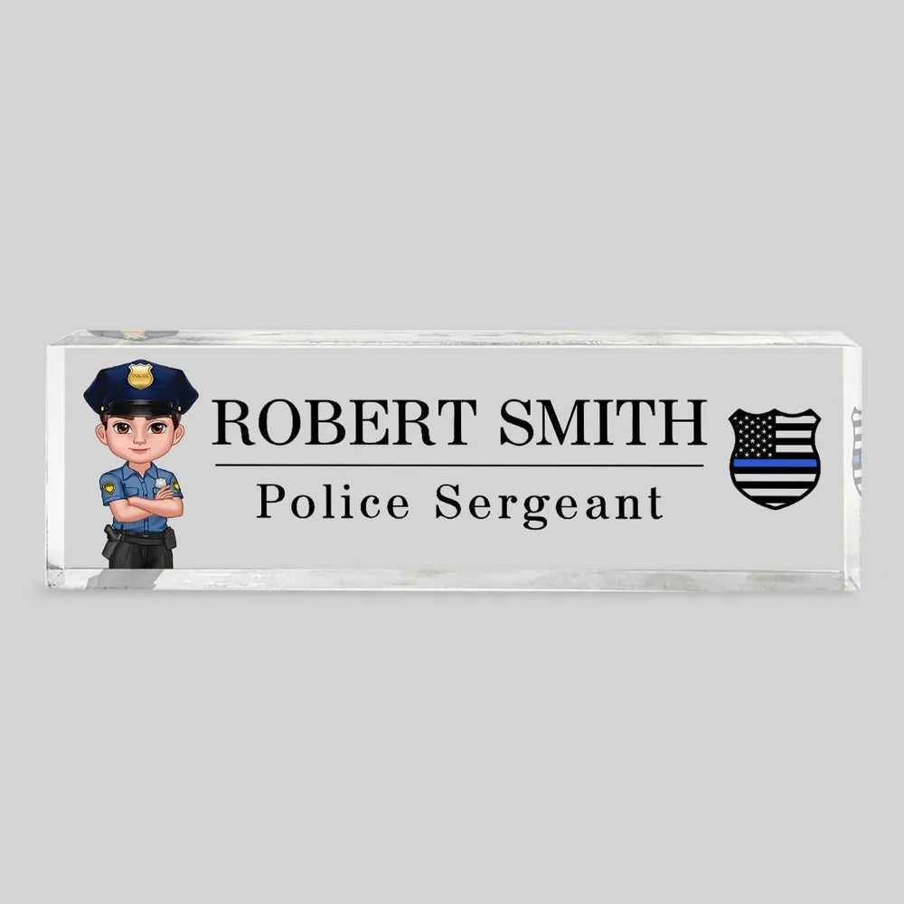 Personalized Acrylic Block Plaque, Cartoon Police Officer Desk Name Plate, Unique Gift for Officer