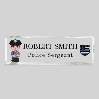 Personalized Acrylic Block Plaque, Cartoon Police Officer Desk Name Plate, Unique Gift for Officer