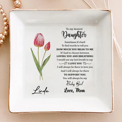 Jewelry Dish for Daughter, Personalized Keepsake Tray with Love Note and Purple Flower, Sweet Gift from Mom
