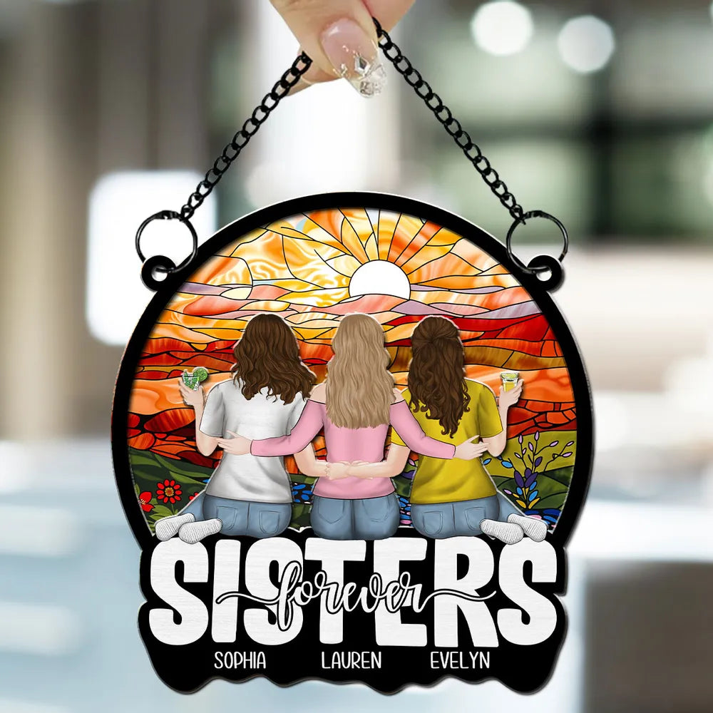 Personalized Wood and Acrylic Layered Ornament, Sisters Embracing at Sunset, Unique Gift for Sister