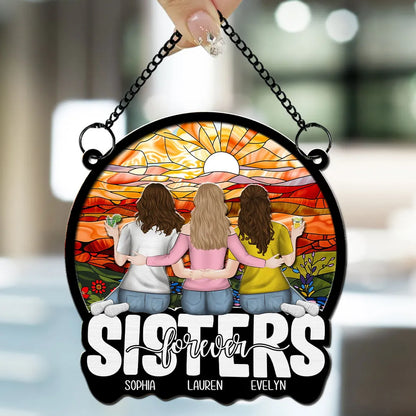 Personalized Wood and Acrylic Layered Ornament, Sisters Embracing at Sunset, Unique Gift for Sister