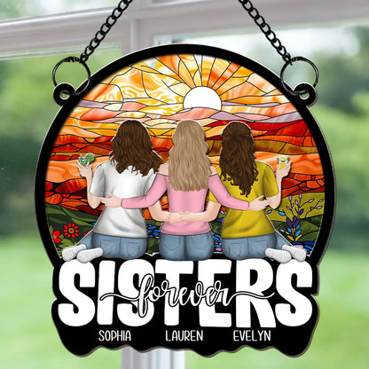 Personalized Wood and Acrylic Layered Ornament, Sisters Embracing at Sunset, Unique Gift for Sister