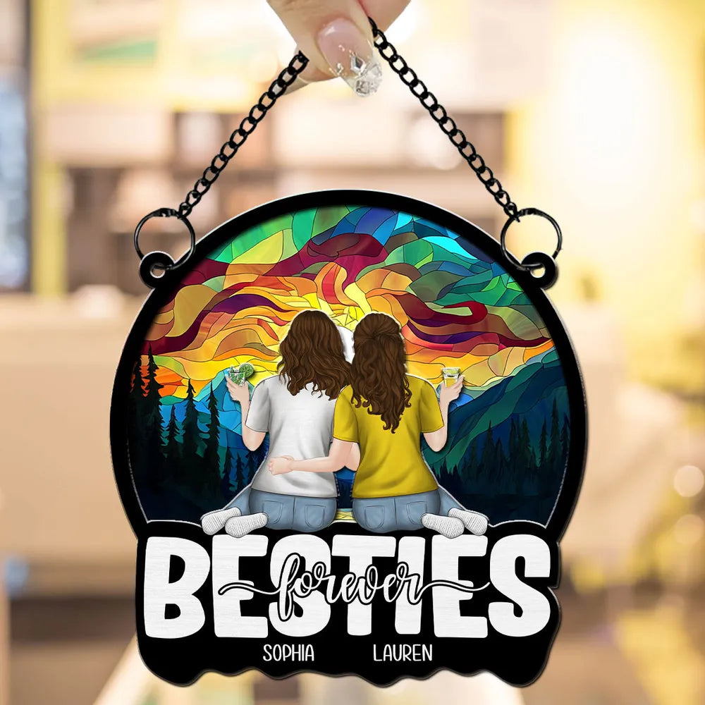Personalized Wood and Acrylic Layered Ornament, Sisters Embracing at Sunset, Unique Gift for Sister