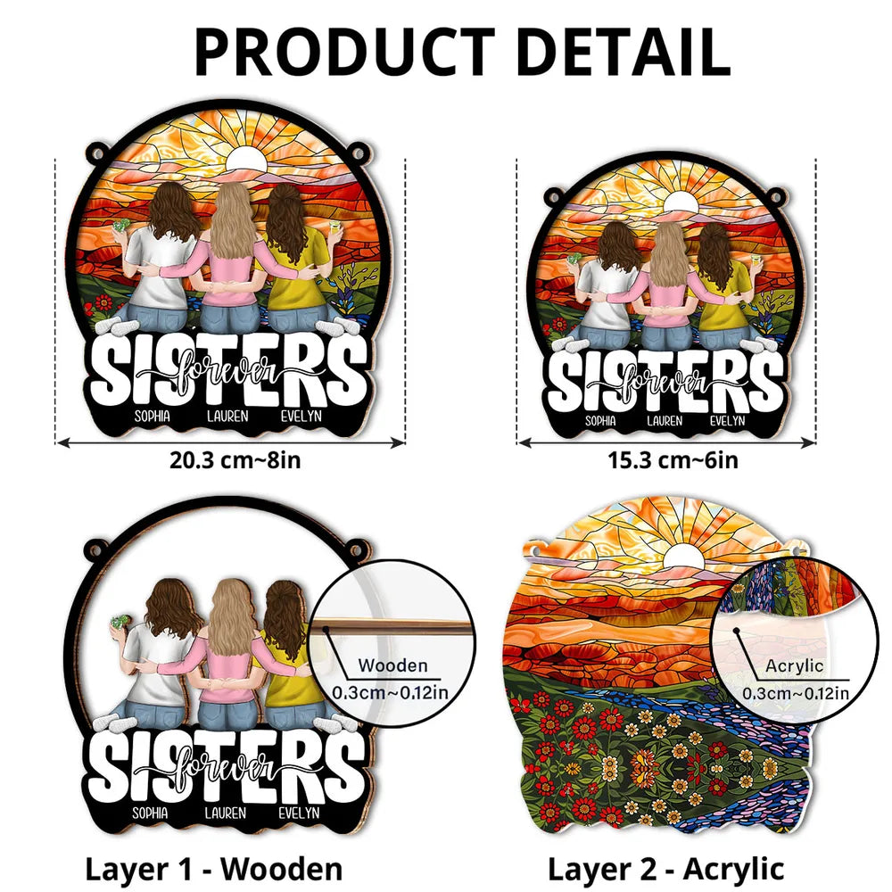Personalized Wood and Acrylic Layered Ornament, Sisters Embracing at Sunset, Unique Gift for Sister