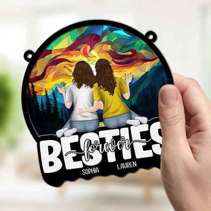 Personalized Wood and Acrylic Layered Ornament, Sisters Embracing at Sunset, Unique Gift for Sister