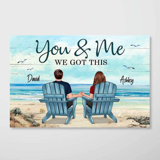Back View Couple Sitting Beach Landscape - Personalized Horizontal Poster - Romantic Gift for Valentine's Day
