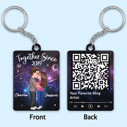 Acrylic Keychain Personalized with Starry Galaxy Kissing Couple and Favorite Song QR Code Style, Sweet Couple Gift for Her