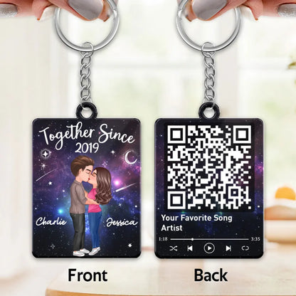 Acrylic Keychain Personalized with Starry Galaxy Kissing Couple and Favorite Song QR Code Style, Sweet Couple Gift for Her