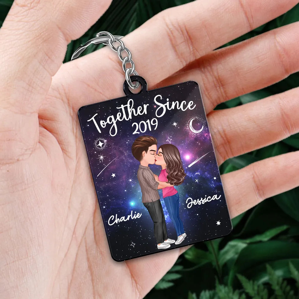 Acrylic Keychain Personalized with Starry Galaxy Kissing Couple and Favorite Song QR Code Style, Sweet Couple Gift for Her