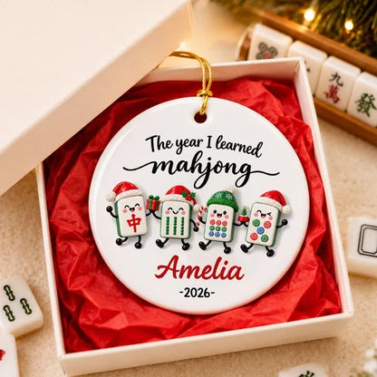 Personalized Ceramic Ornament, Bright Cartoon Mahjong Tiles Waving by a Christmas Tree, Unique Gift for Players