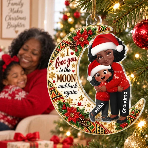 Personalized Acrylic Ornament, Red and Gold Christmas Moon with Hugging Grandma and Grandchild, Unique Gift for Grandma, Grandkids