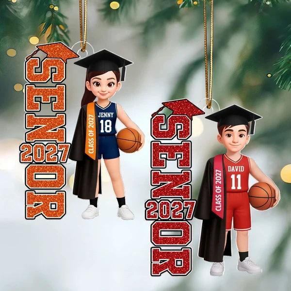 Personalized Acrylic Ornament, Basketball Graduate Holding a Ball, Unique Senior Gift for Son or Daughter
