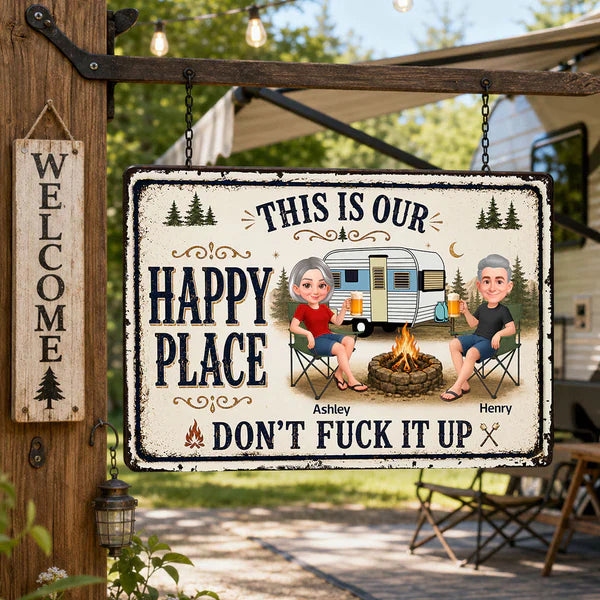 Personalized Rectangular Iron Sign, Sitting Camping Couple By Campfire, Creative Gift For Campers