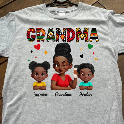 Personalized Classic Tee, Grandma Holding Coffee with Grandkids, Colorful Tribal Pattern, Unique Gift for Grandma