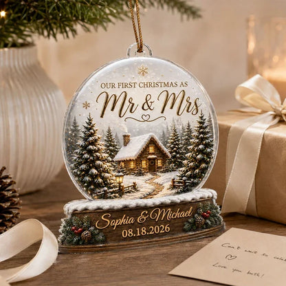 Our First Christmas as Mr & Mrs Personalized Acrylic Ornament, Creative Gift for Newlyweds with Snowy Cabin